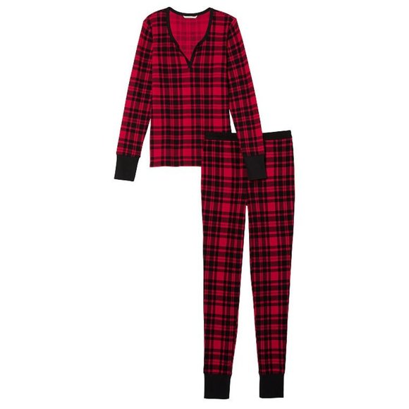 VS L Thermal Long Pajama Set Adorable Plaid Checkered Red Black PJ P.J. PJs NWT - Picture 9 of 14